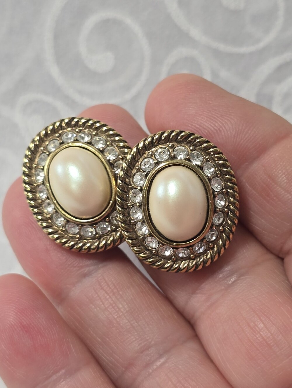 Vintage Monet Rhinestone Clip on Earrings in Gold with Faux Pearl
